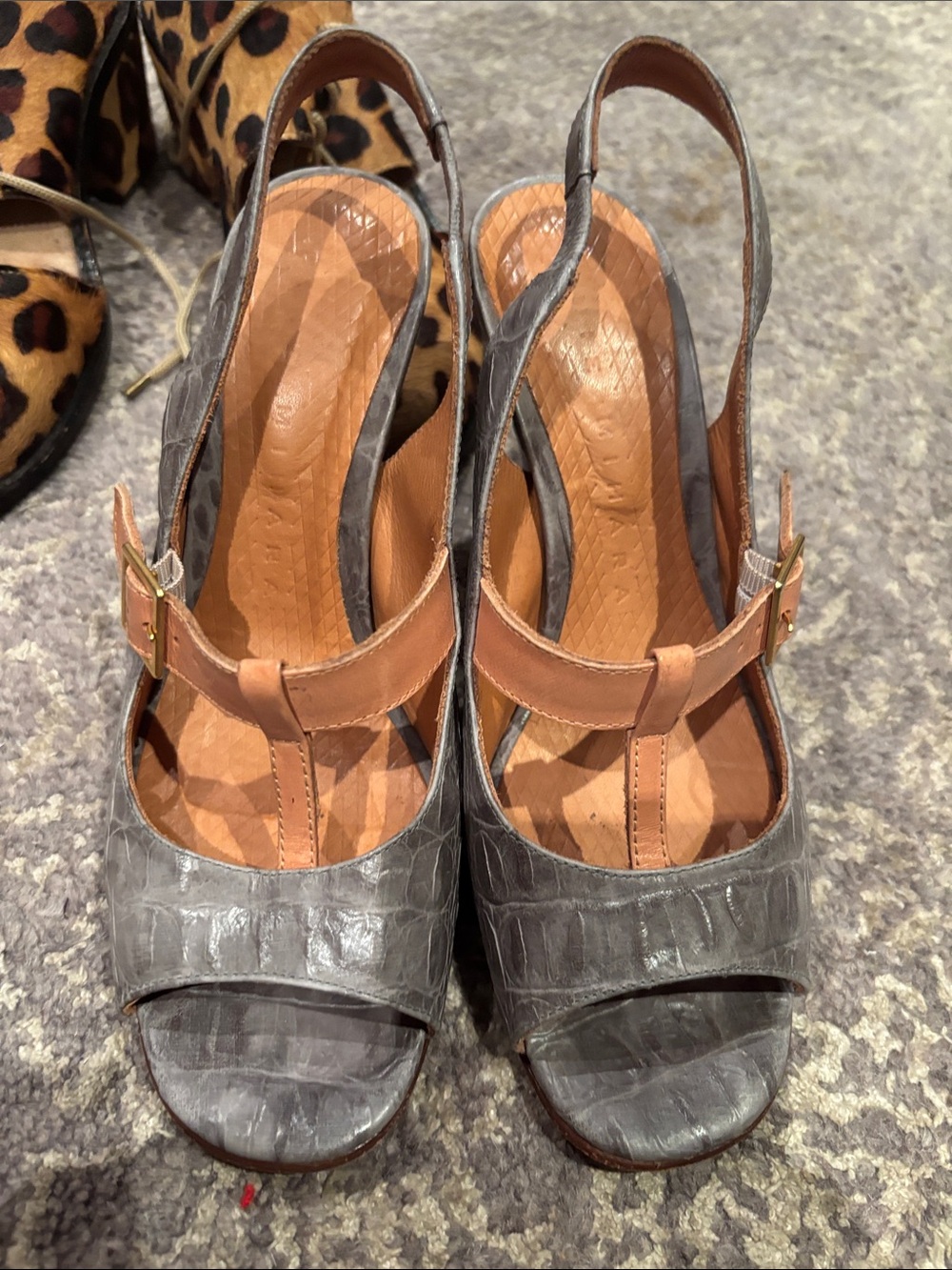 Chie Mihara Gray Croc-Embossed Slingback Heels with Tan Strap